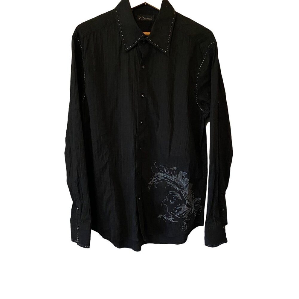 Men’s 7 Diamonds Black Button Down Graphic Feather Shirt Size XL